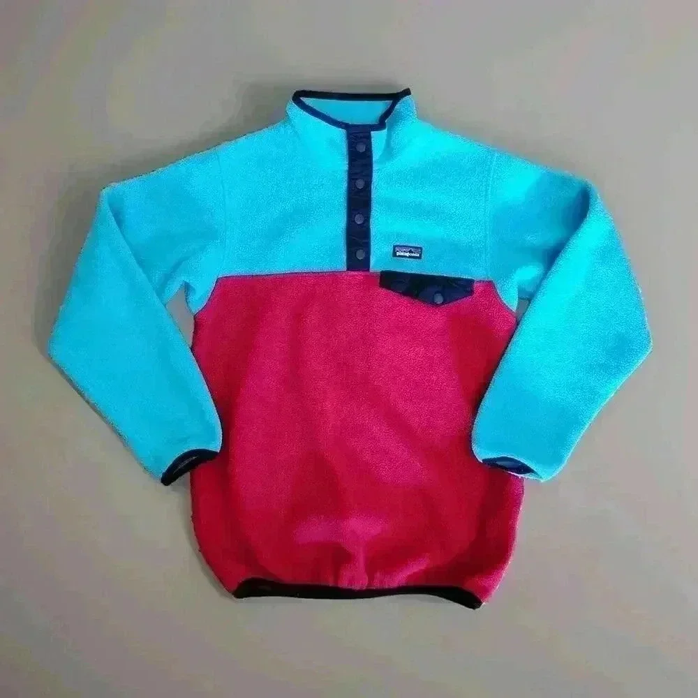 Patagonia Synchilla Snap T Fleece Girls L Youth 12 Teal‎ Pink Colorblock-A1